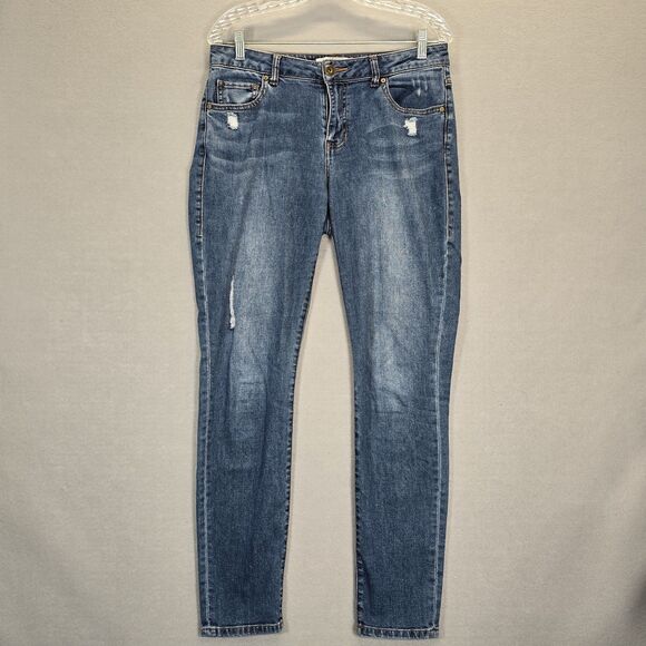 CAbi Curvy Skinny Blue Distressed Womens Jeans Size 10 Mid Rise - Picture 1 of 13
